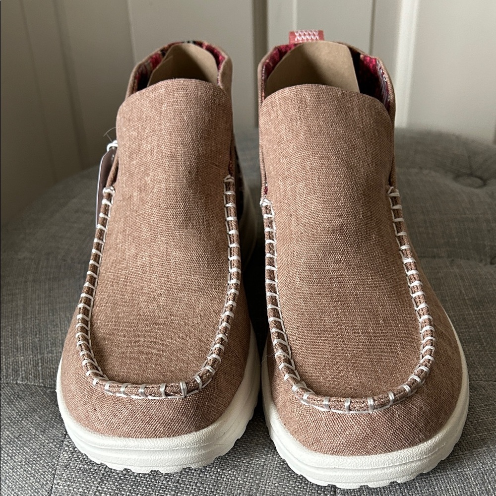 Hey Dude Tan Canvas Slip-On Boots with Red Patterned Heel - Picture 2 of 4
